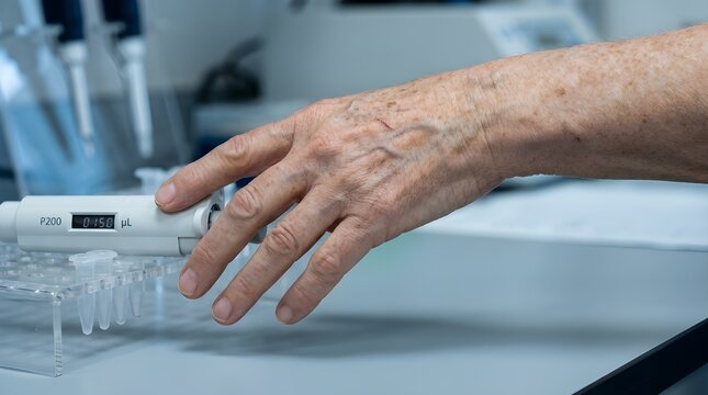 elderly hand reaching micropipette p200 digital display 0150 &micro;L lab bench test tubes clinical research