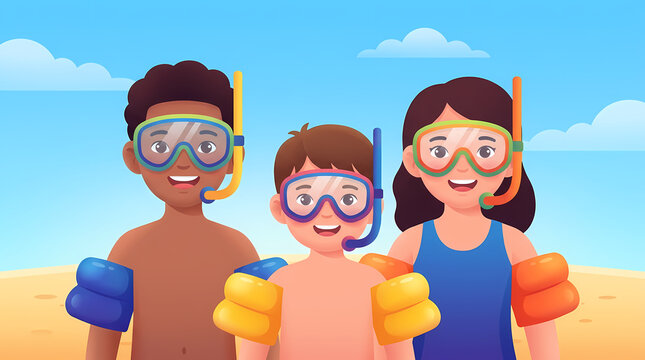 Cartoon illustration of children snorkeling on a sunny beach