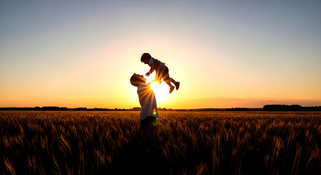 Father lifting young child in wheat field at sunset silhouette photography for family lifestyle concept high resolution