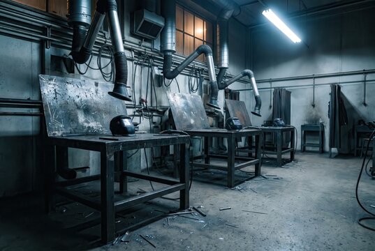 metal welding workbenches empty helmets exhaust arms training bay end-of-shift practice classroom industrial safety