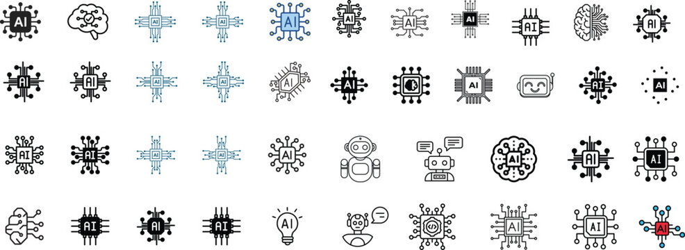 Outline icons chatbot, linear icon collection, artificial intelligence web icons line style, AI technology web mobile app, machine learning algorithm robotic cloud network, editable stroke vector icon