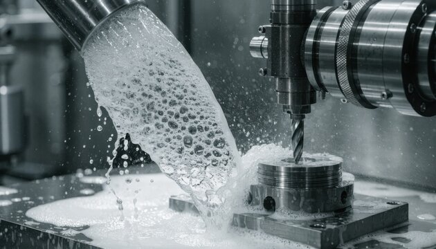 Medium shot of industrial coolant pouring into a metal machining process showcasing ecofriendly biobased emulsions in a clean factory setting.