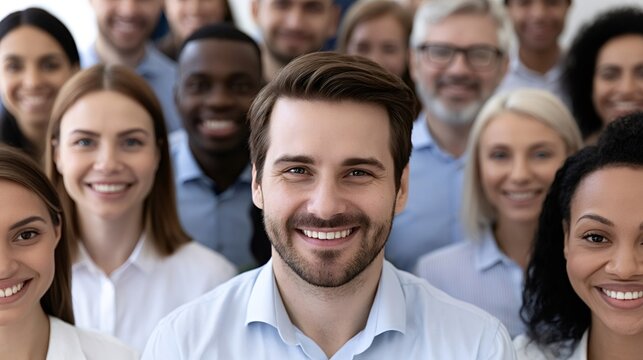 Group of multi ethnic employees and diverse business partners standing together, smiling at the camera, promoting teamwork, inclusion, and a positive corporate environment