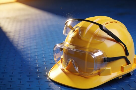 yellow hard hat with two pairs safety glasses on cobalt-blue metal floor construction PPE goggles