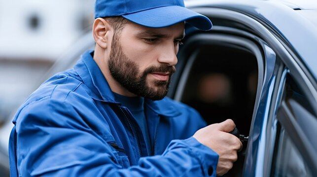 Locksmith in blue uniform and cap expertly opening a locked car door with a professional tool, providing emergency vehicle unlocking service and roadside assistance