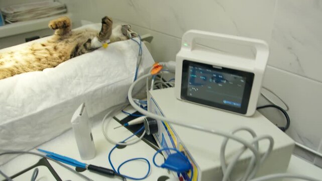 Sedated tabby cat under anesthesia on operating table surrounded by monitoring equipment and oxygen tubing ecg leads attached, pulse waveform visible on screen in veterinarian surgery clinic