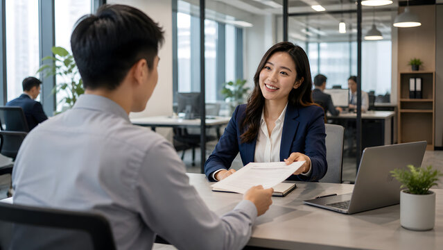 Asian businesswoman giving document to coworker in office