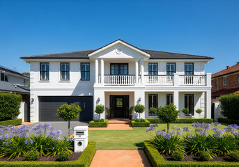 Fototapeta premium Luxury white twostory house with balcony and garden modern suburban home exterior