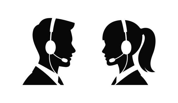 Customer Support Headset Silhouette Icons, Man and Woman Call Center Agent Vector Illustration for Service and Communication Design