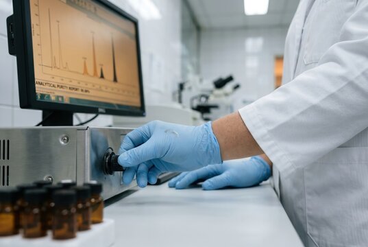 scientist gloved hand adjusting HPLC instrument control knob lab bench vials analytical purity chromatograph NMN peak assay