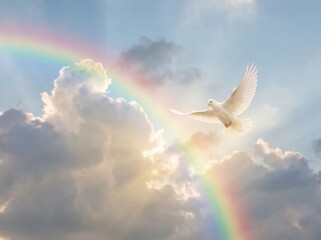 Naklejka premium Dove in rainbow sky amidst clouds symbolizing freedom and hope