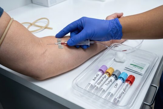 arm with butterfly needle phlebotomy venipuncture gloved hand drawing blood tray vacutainers longevity clinic biomarker testing fasting glucose CRP GlycA DHA omega-3