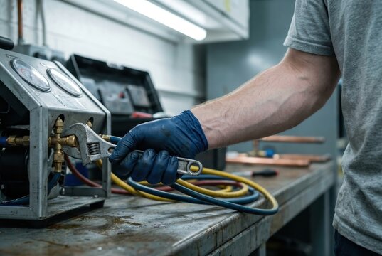 technician hand in blue glove wrenching refrigerant recovery rig manifold gauges hoses HVAC apprentice repair training
