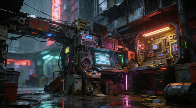 Cyberpunk computer workstation in rainy futuristic city alley with glowing neon lights and industrial hardware