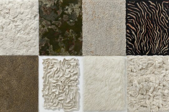 Various carpet and rug samples arranged in a grid showing different textures, patterns, and colors for interior design and home decoration inspiration.