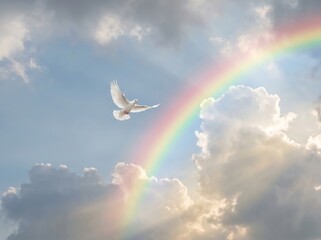 Naklejka premium Dove soaring under rainbow sky nature scene freedom concept serene environment