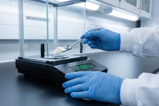 laboratory microbalance powder weighing spoon gloved hands precision NMN R&D research