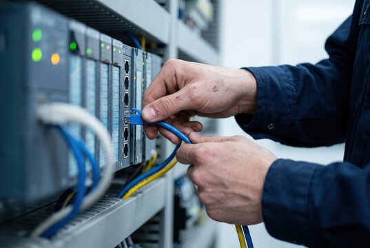 technician hands connecting blue ethernet cable to PLC training rack industrial control panel patch connection