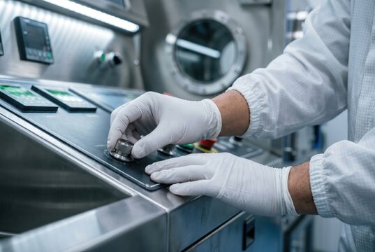 technician gloved hands adjusting vacuum deposition chamber control knob semiconductor apprentice training console