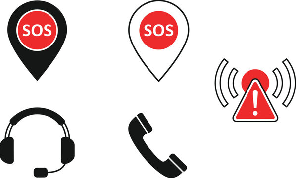 Icons representing emergency communication tools include a red SOS pin, a wireless signal alert, a telephone handset, and a headset for support.