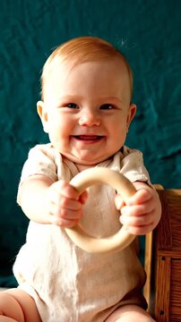 Happy baby holding wooden teething ring while smiling. Infant plays with teether toy sitting beside basket. Baby grasps ring and smiles. Toddler with teething toy shows happy expression.