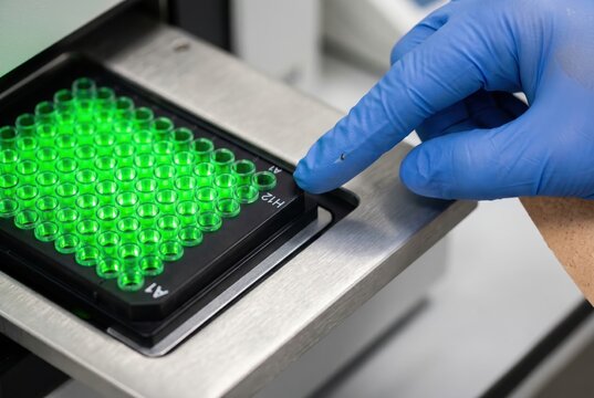 96-well plate green assay wells gloved finger pressing reader telomere length qPCR mid-read