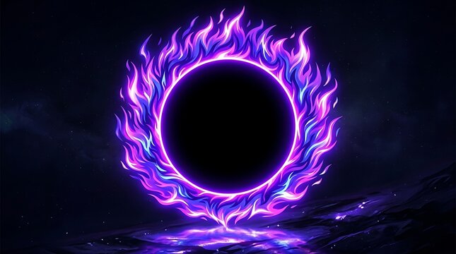 Glowing purple ring surrounded by vibrant flames in dark space