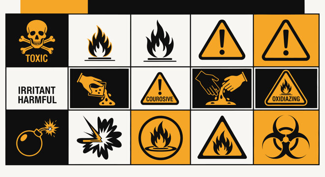Collection of hazardous warning signs and symbols.