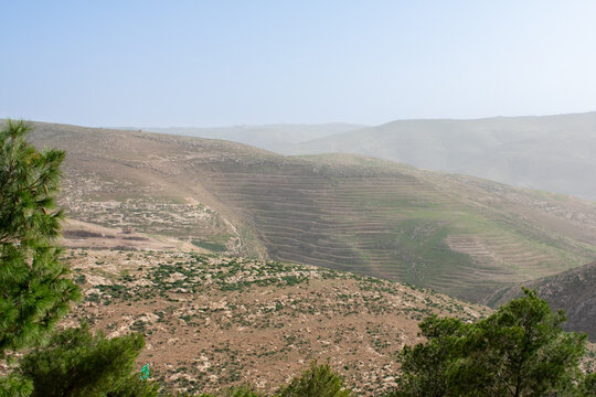 Mount Nebo in Jordan. Abarim mountain range, Mount Nebo the place where Moses was granted a view of the Promised Land. Panorama of the West Bank across the Jordan River valley