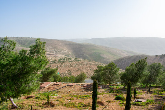 Mount Nebo in Jordan. Abarim mountain range, Mount Nebo the place where Moses was granted a view of the Promised Land. Panorama of the West Bank across the Jordan River valley