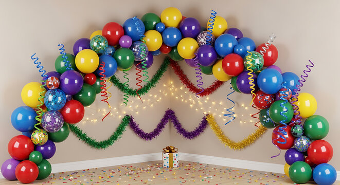 colorful balloon arch decoration with festive lights and tinsel on transparent background
