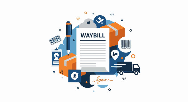 Logistics and Shipping Waybill Vector Illustration with Delivery Truck, Packages, and Barcode Icons