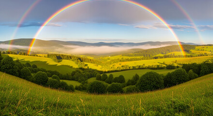 Fototapeta premium Vast Rolling Green Hills Under a Majestic Double Rainbow After a Rain Shower With Clouds and a Blue Sky
