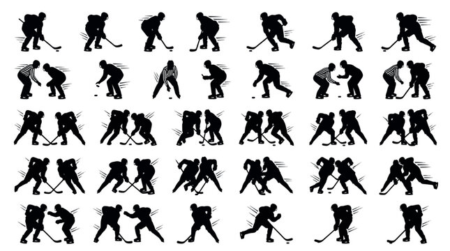 Faceoff Tension Before Final Goal Silhouettes Set Pack, Editable Vector Stroke Illustrations. containing hockey, ice, player, silhouette, vector, graphic, illustration, sport and more silhouettes
