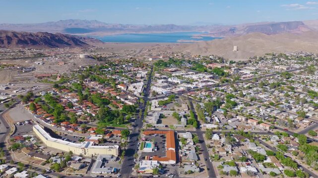 Boulder City Nevada Sideways Aerial Over Downtown and Desert Mountains 01