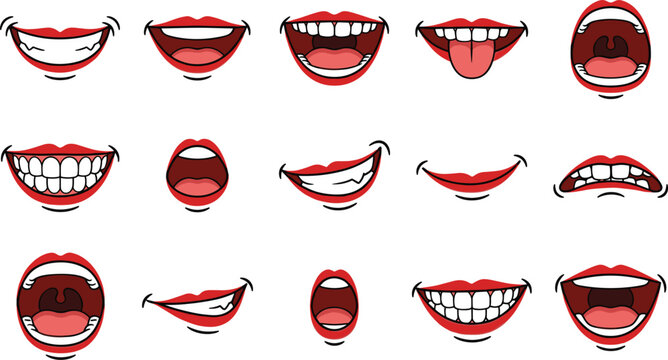 Cartoon mouth expressions set with lips teeth smiles talking shouting emotions for character animation and comic design