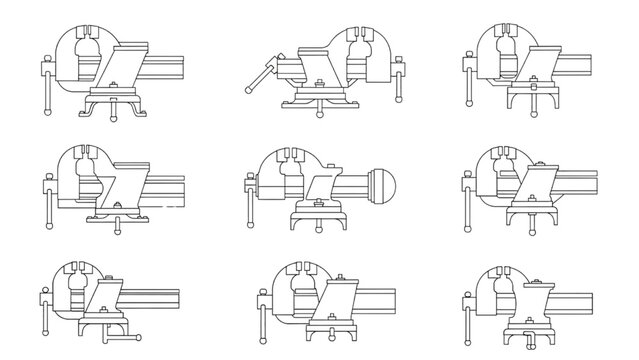 Diverse mechanical bench vises outline vector set for workshop use