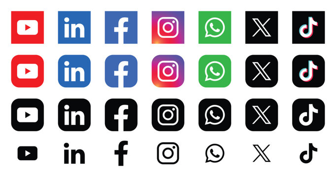 Social media icon logo vector set. Instagram, X, facebook, tiktok app. Popular social media icons button fit for web, mobile app.  Vector App Icons for Popular Social Network and Messaging Apps.