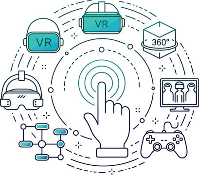 Hand touches a central glowing sensor surrounded by virtual reality headsets and gaming controllers representing the future of immersive.