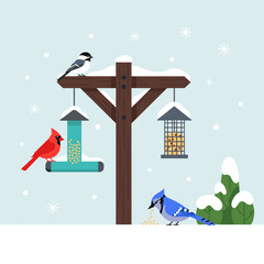 Flat Vector Illustration of a Winter Bird Feeding Station © Slon