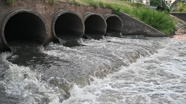 Wastewater Discharge Flowing from Concrete Drainage Pipes into Canal