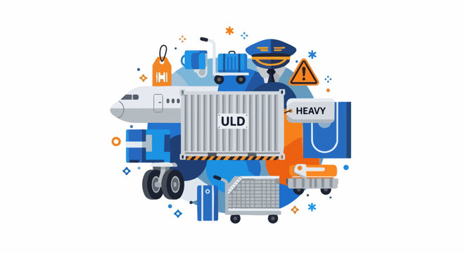 Air Cargo and Logistics Illustration with Airplane, ULD Container, Pilot Uniform, and Luggage Icons. Conceptual Flat Design for Global Aviation and Shipping Services.