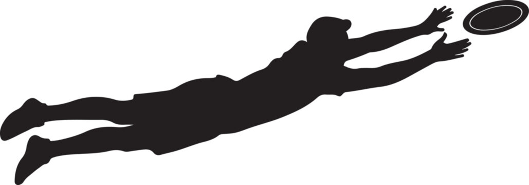 Silhouette of a man diving to catch a frisbee in mid air silhouette vector illustration