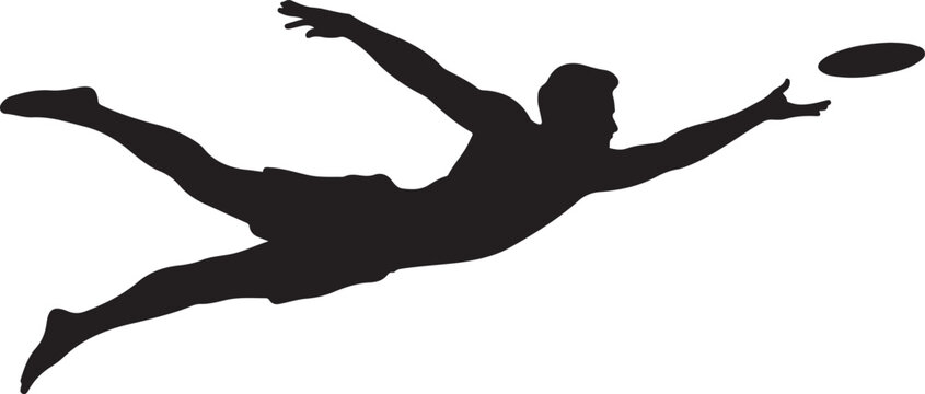 Silhouette of a man diving to catch a frisbee in mid air silhouette vector illustration