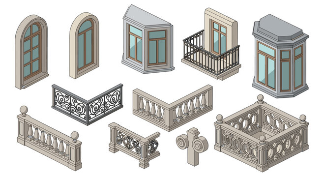 Isometric set of decorative balcony railings, stone balustrades, and arched window frames with elegant metalwork detailing on a clean neutral background.