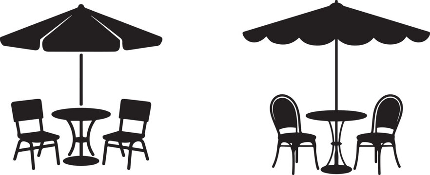 Simple black and white illustration of outdoor cafe furniture and umbrella. silhouette vector illustration