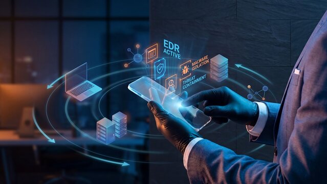 Cybersecurity specialist using smartphone with active EDR dashboard showing malware isolation, threat containment and server protection for enterprise endpoint security operations system app