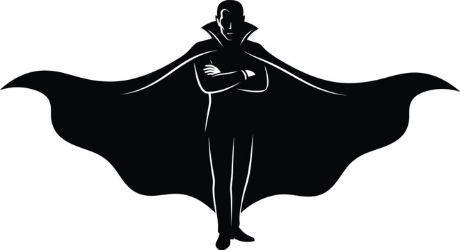Vampire with Cape Spread Silhouette. Minimalist Black Dracula Vector Icon Isolated on White Background for Halloween Designs
