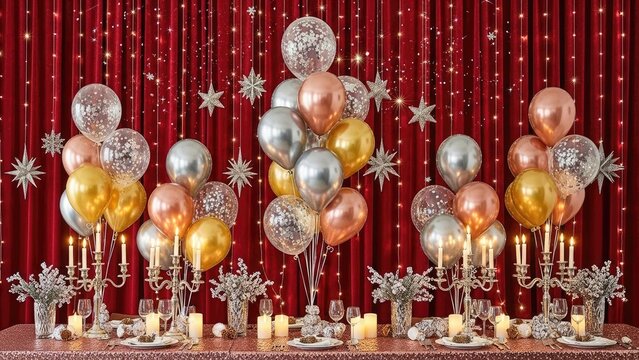 Festive balloons and decorations elegant celebration backdrop with candles