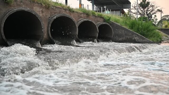Wastewater Discharge Flowing from Concrete Drainage Pipes into Canal